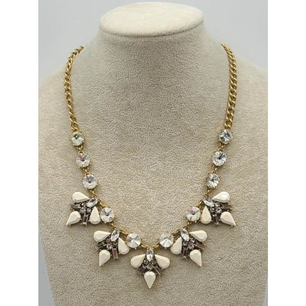 J Crew Gold Tone Clear Crystal White Resin Necklace